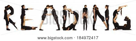 Black dressed people forming word READING on white background