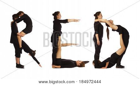 Black dressed people forming word RED on white background