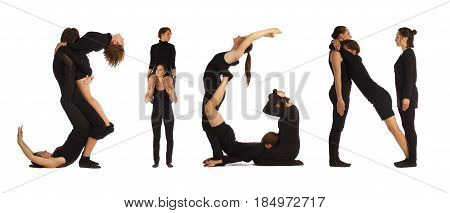 Black dressed people forming word SIGN on white background