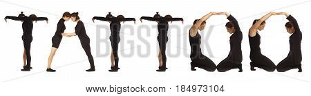 Black dressed people forming word TATTOO on white background