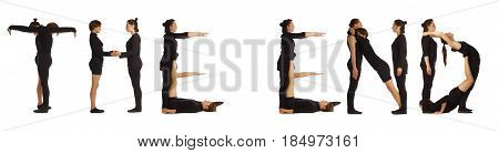 Black dressed people forming word THE END on white background