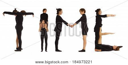Black dressed people forming word TIME on white background