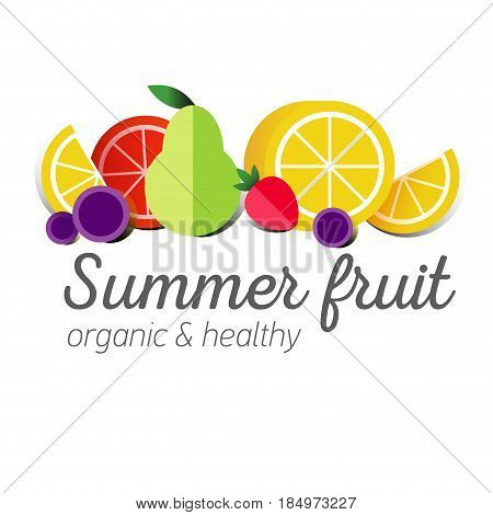 Flat logo or fruit symbol. Typography. Icon healthy diet. Stewed fruit. Lemon with clice of grapefruit, strawberries, grapes.