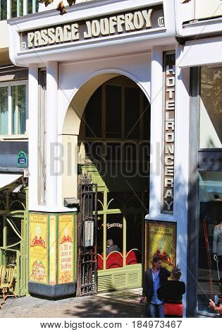 PARIS, FRANCE - SEPTEMBER 10, 2015: Passage jouffroy hotel ronceray building, front view