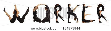 Black dressed people forming word WORKER on white background