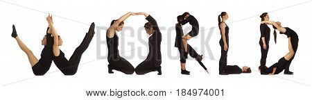 Black dressed people forming word WORLD on white background