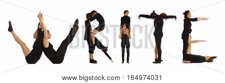 Black dressed people forming word WRITE on white background