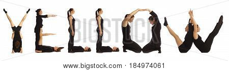 Black dressed people forming word YELLOW on white background