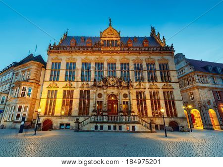 Old medieval market square in the historic part of the city. Chamber of Commerce. Bremen. Germany. Bavaria.