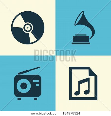 Audio Icons Set. Collection Of Phonograph, File, Cd And Other Elements. Also Includes Symbols Such As Fm, Radio, Note.