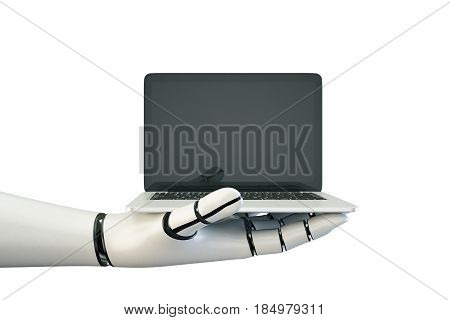 Side view of robot's hand holding laptop with empty screen on white background. Mock up 3D Rendering. Progress concept