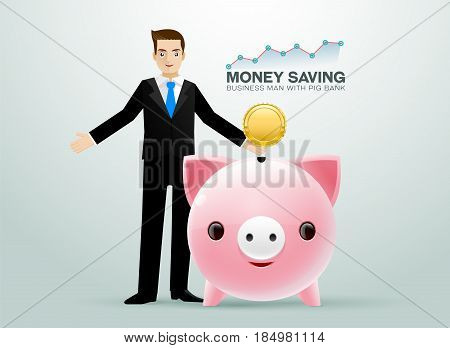 Bussiness man pig bank coin saving money and graph