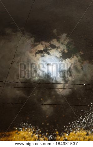 Reflection In Large Puddle On An Overcast Day