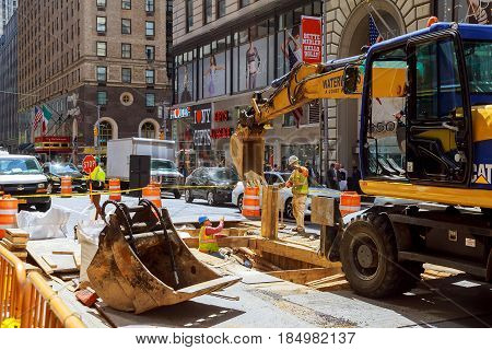 New York City, Usa - 04, 2017: Road Works In Manhattan, New York City Road Construction