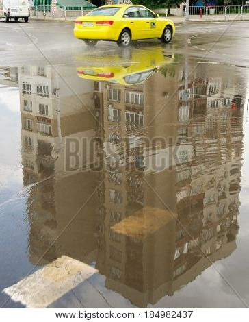 Reflection In Large Puddle On An Overcast Day