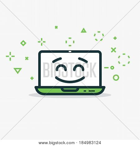 Happy laptop. Computer with happy face and smile. Line style flat illustration with abstract symbols and lines. Notebook concept. Face with eyes and eyebrows. Green colors.
