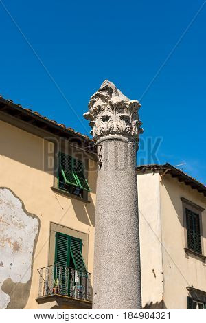Colonna Mozza (broken column) in Lucca Toscana (Tuscany) Italy. Ancient Roman column used to signal the arrival of an ancient horse race