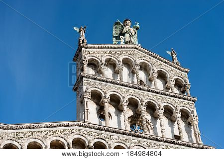 Detail of the church of San Michele in Foro in Pisan-romanesque style in the ancient town of Lucca Toscana (Tuscany) Italy Europe