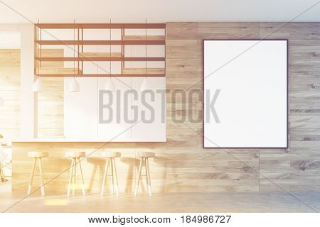 Front view of a bar interior with light wooden walls a bar counter and a row of stools along it. There is a poster on the wall. 3d rendering mock up toned image