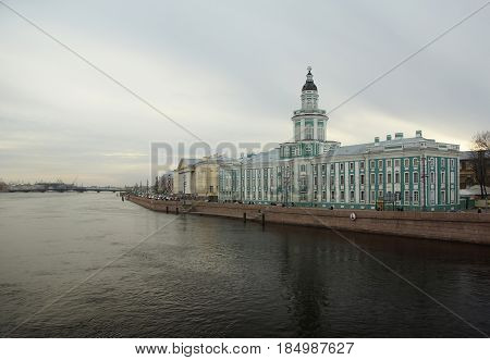 Evening on the University embankment and Kunstkammer in Saint Petersburg