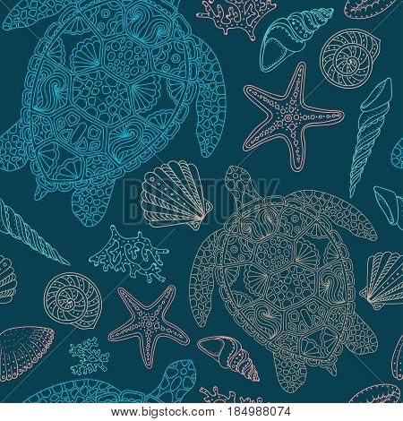 Seamless summer underwater pattern. Various shell algae starfish tortoise coral on dark blue background. Vector illustration. Zen art
