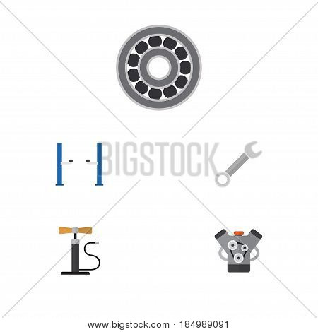 Flat Workshop Set Of Spanner, Motor, Auto Jack And Other Vector Objects. Also Includes Engine, Key, Spanner Elements.
