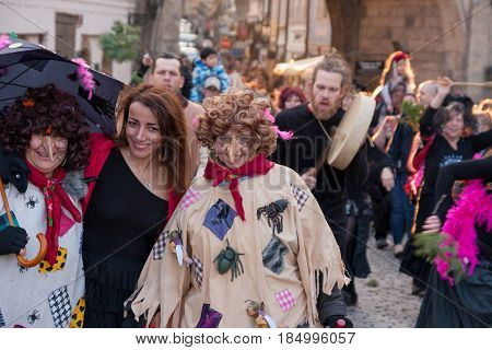 Prague, Czech Republic - April 30, 2017: Participants Of A Costumed Parade In The Streets Of Prague