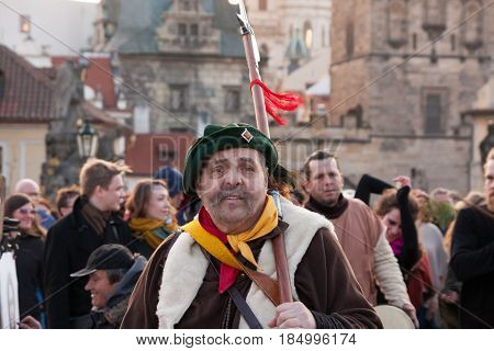 Prague, Czech Republic - April 30, 2017: Participants Of A Costumed Parade In The Streets Of Mala St