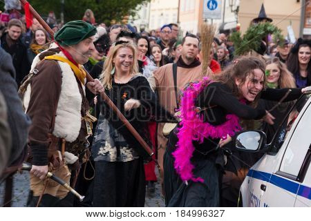 Prague, Czech Republic - April 30, 2017: Participants Of A Costumed Parade In The Streets Of Prague
