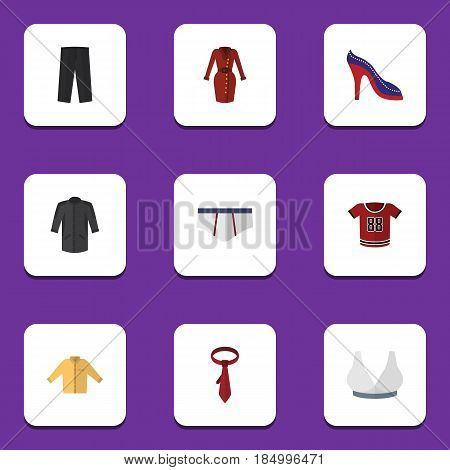 Flat Dress Set Of Heeled Shoe, T-Shirt, Uniform And Other Vector Objects. Also Includes Underclothes, Dress, Man Elements.