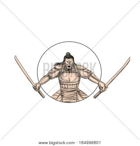 Tattoo style illustration of a Samurai warrior wielding two swords viewed from front set inside oval on isolated background.