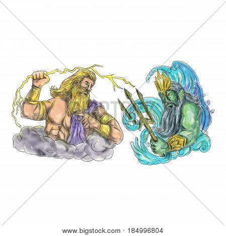Tattoo style illustration of Zeus Greek god of the sky and ruler of the Olympian gods wielding holding a thunderbolt lightning versus poseidon holding trident surrounded by waves viewed from the side set on isolated white background.