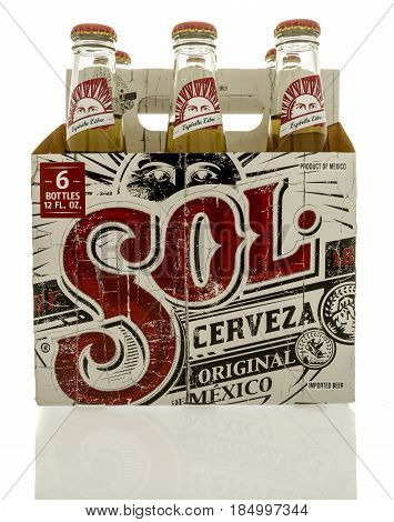 Winneconne WI - 28 April 2017: A six pack of Sol Cerveza beer on an isolated background.