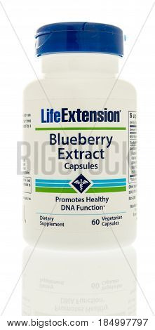 Winneconne WI - 4 May 2017: A bottle of Life Extension blueberry extract capsules on an isolated background.