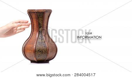 Wooden Vase In Hand Pattern On White Background Isolation