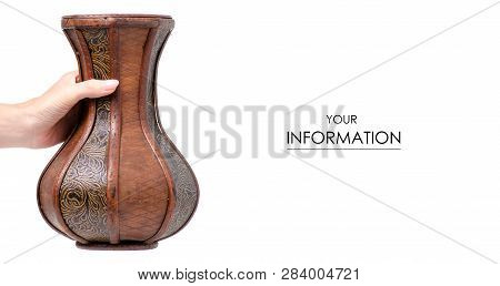Wooden Vase In Hand Pattern On White Background Isolation