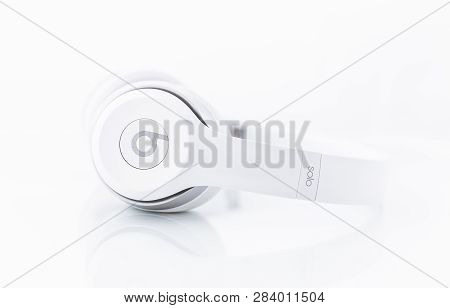 Topolcany, Slovakia - February 8 , 2019: Pair Of White Monster Beats (solo) Headphones Isolated On W