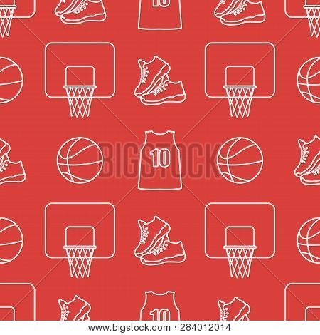 Seamless Pattern With Basketball Basket, Ball, Sneakers, Shirt. Sports Background. Basketball Equipm