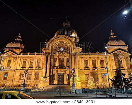 Bucharest, Romania - February 3, 2019 : Cec Bank Palace , Bucharest At Night. A Beautiful Architectu
