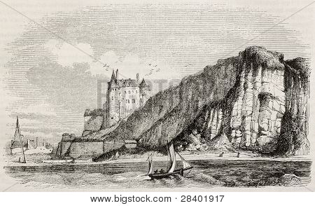 Chateau de Dieppe (Dieppe hrad) starý pohled z moře. Vytvořil(a) Brisseau, publikované na Magasin P