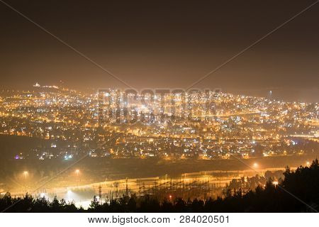 Jerusalem Old City Lights. Bright Lights At Night Over Jerusalem And Old City Temple Mount, Dome Of 
