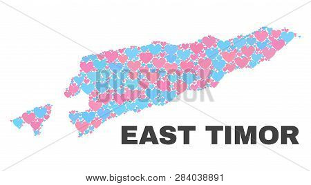 Mosaic East Timor Map Of Love Hearts In Pink And Blue Colors Isolated On A White Background. Lovely 
