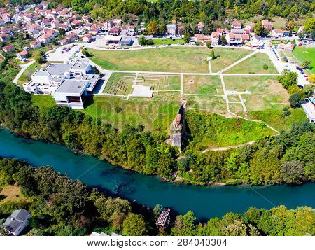 Drone View To The Destroyed Railway Bridge In River Neretva And Historical Museum In City Of Jablani