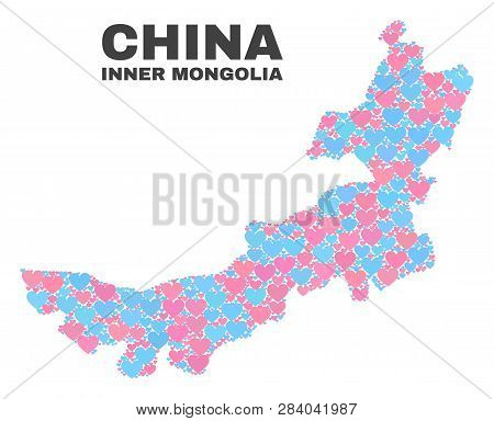 Mosaic Inner Mongolia Map Of Valentine Hearts In Pink And Blue Colors Isolated On A White Background