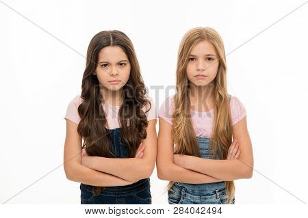 Sisters Little Kids Isolated White Background. Sisterly Relationship. Sisterhood Happiness And Issue