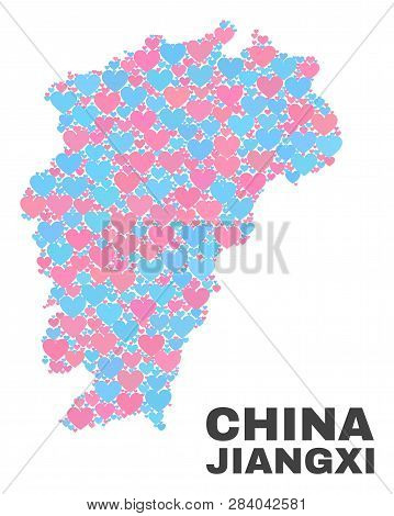 Mosaic Jiangxi Province Map Of Valentine Hearts In Pink And Blue Colors Isolated On A White Backgrou