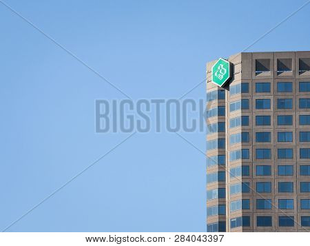 Montreal, Canada - November 4, 2018: Desjardins Bank Logo On Their Main Office For Montreal, Quebec,