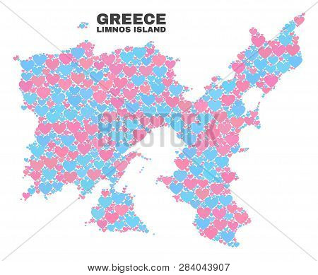 Mosaic Limnos Island Map Of Lovely Hearts In Pink And Blue Colors Isolated On A White Background. Lo