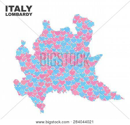 Mosaic Lombardy Region Map Of Valentine Hearts In Pink And Blue Colors Isolated On A White Backgroun