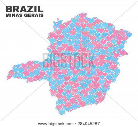 Mosaic Minas Gerais State Map Of Valentine Hearts In Pink And Blue Colors Isolated On A White Backgr